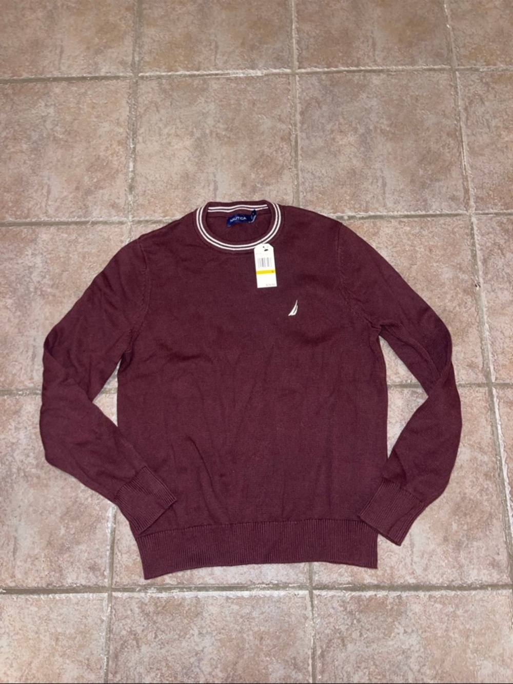 Nautica Men's Crewneck Sweater - Burgundy with White Trim